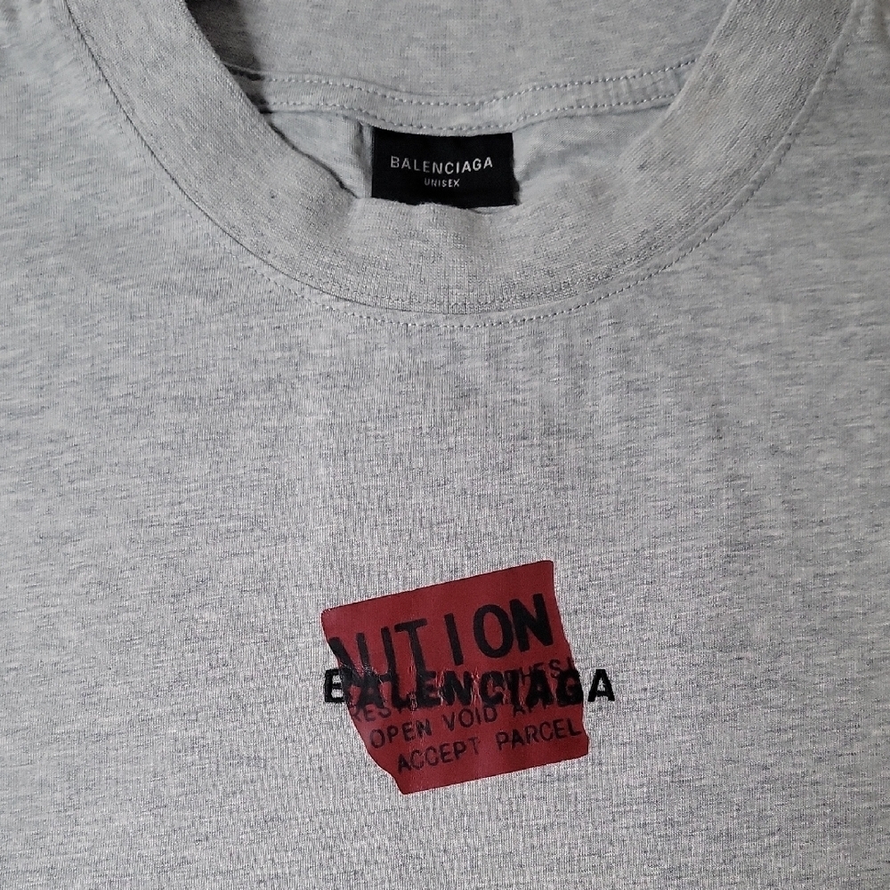Balenciaga Light Gray Red Tape Graphic Tee - Picture 2 of 6